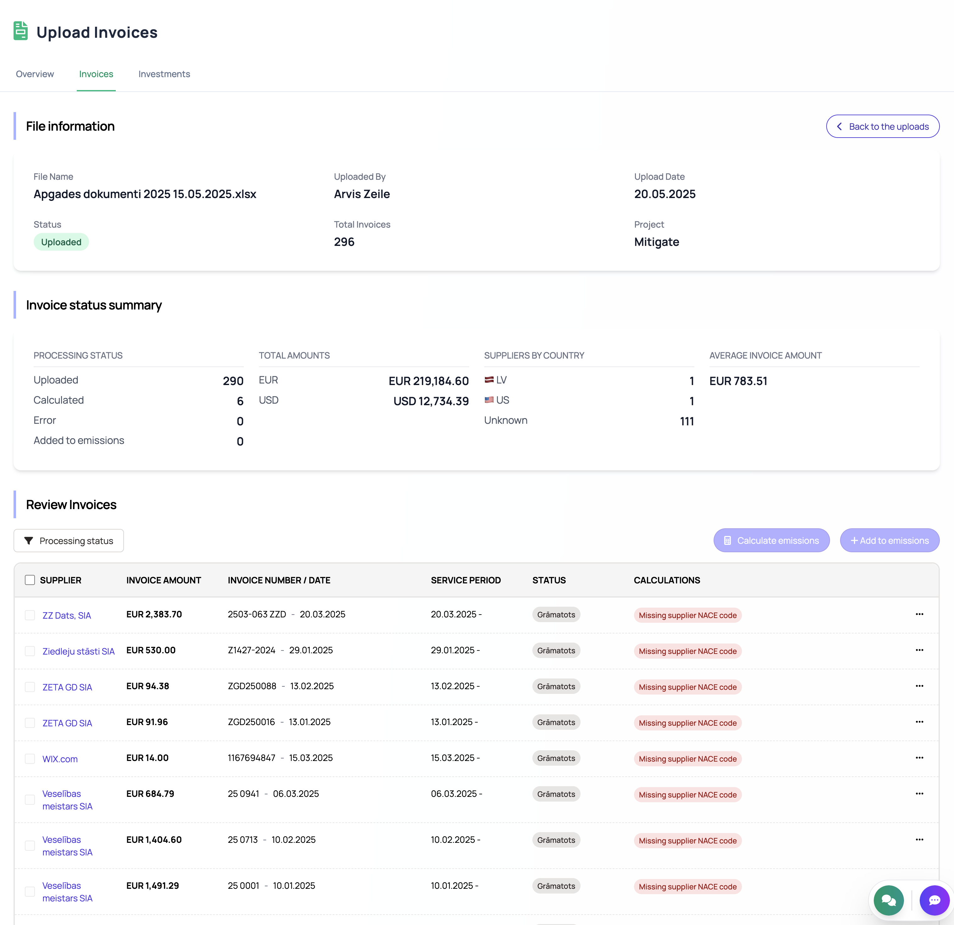 Invoice upload and processing